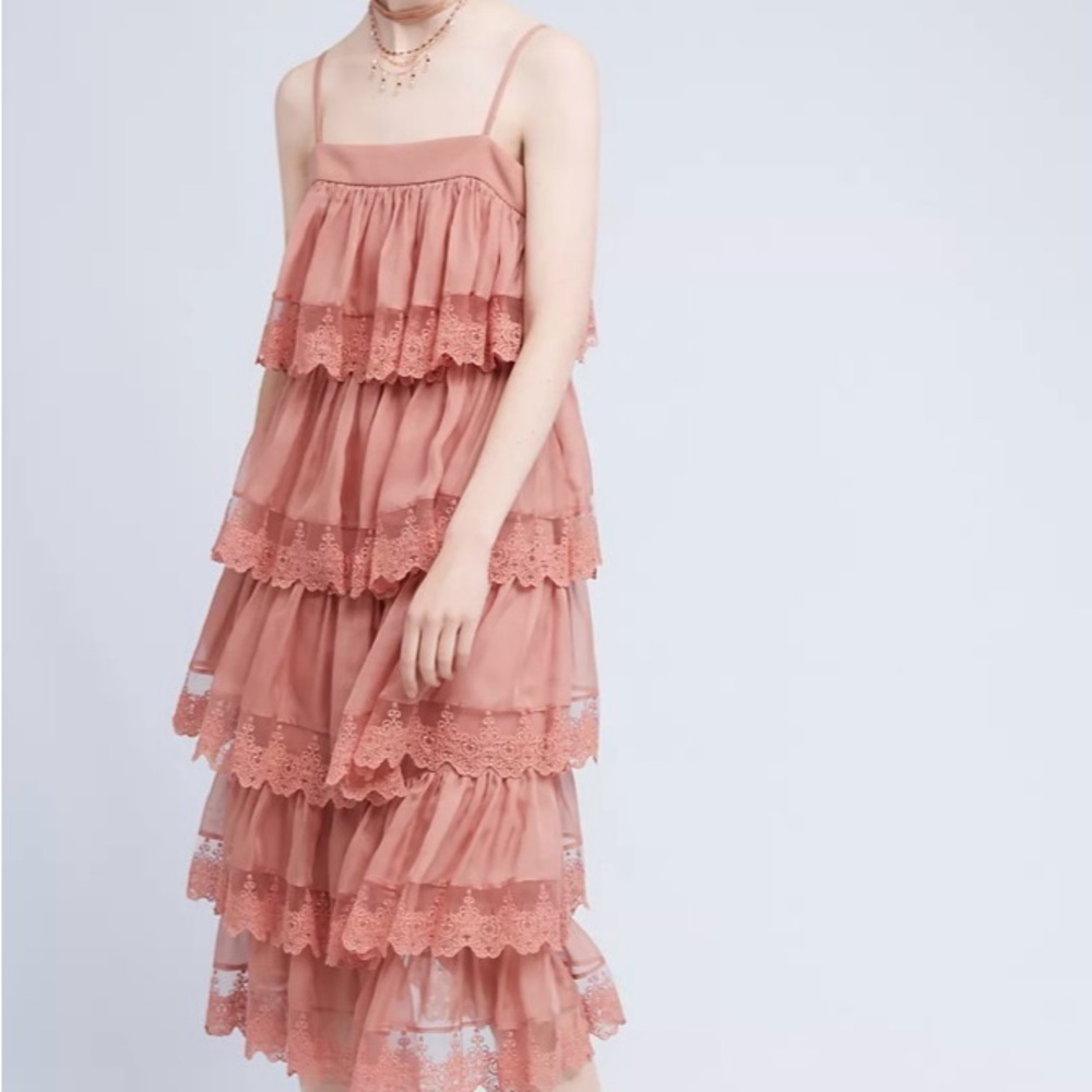 Anthropologie dress Three Floor Tiered Blush Midi romantic fairy Dress size 4